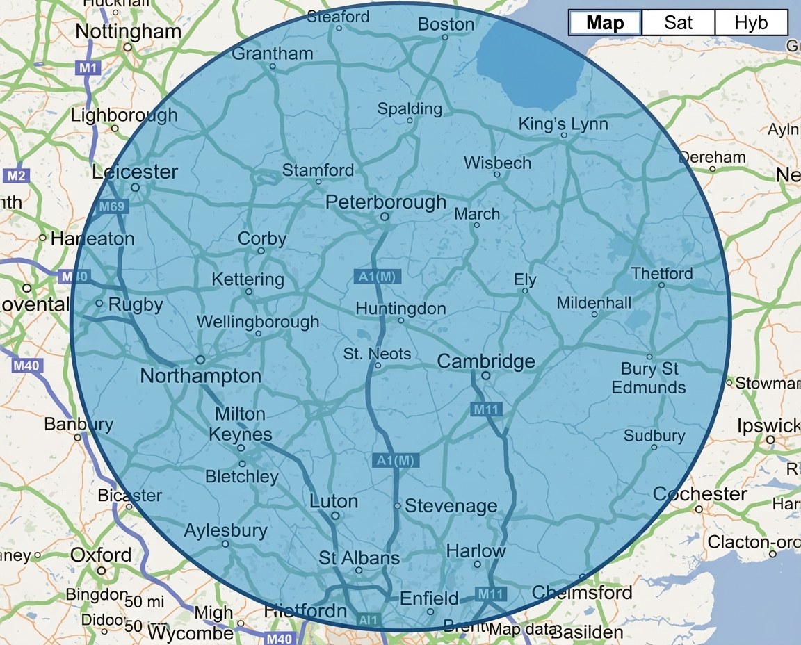 Map showing the 50-mile radius around Huntingdon covered by all other Dream Clean services